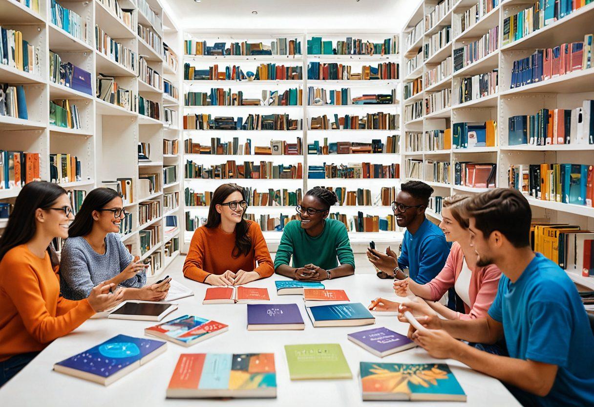 A visually inviting digital library scene featuring an assortment of colorful books, computer screens displaying curated links, and an individual enthusiastically sharing resources with friends. The background includes abstract representations of digital networks and links, creating a sense of connectivity. Emphasize warm, inviting colors to evoke collaboration and sharing. super-realistic. vibrant colors. white background.