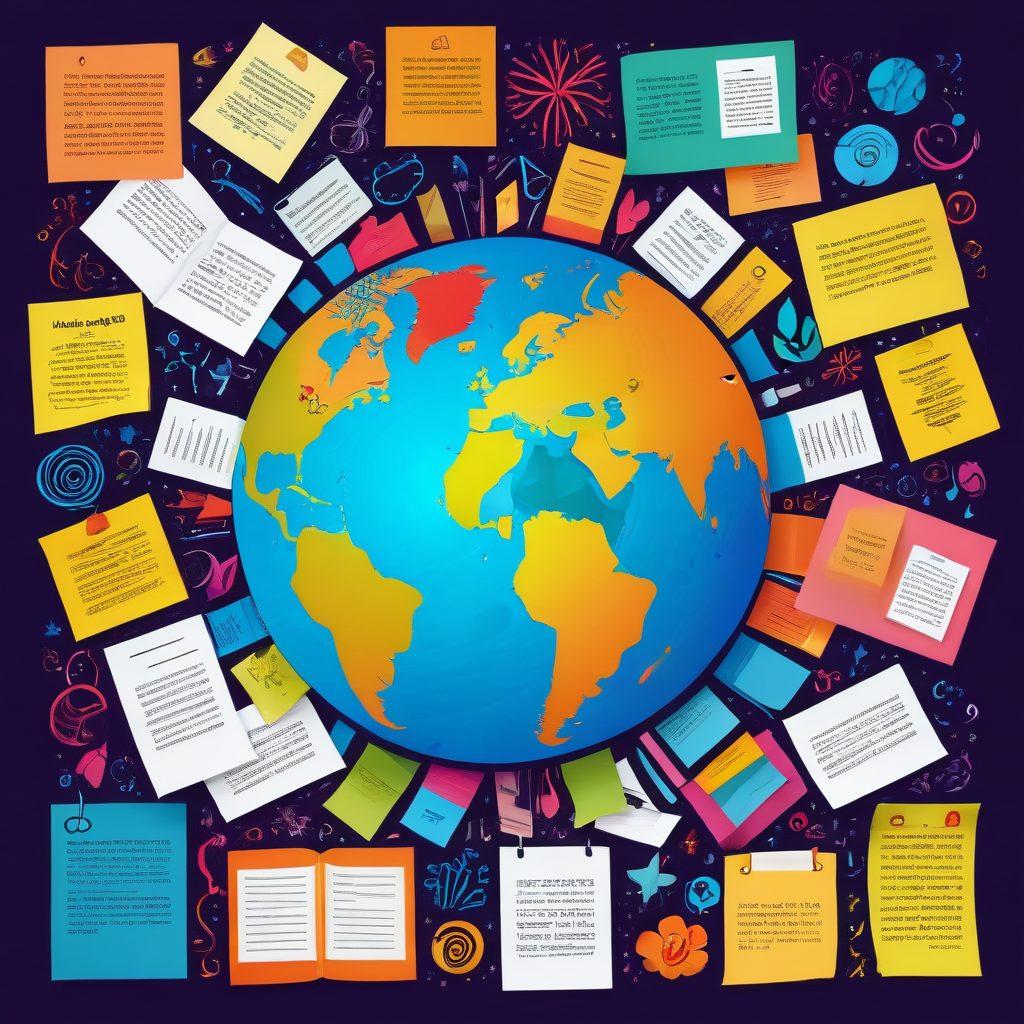 An intricate collage of bookmarking symbols and techniques, featuring vibrant sticky notes, electronic devices with open bookmarking tabs, a globe representing resource sharing, and a person enthusiastically teaching others. The background should be a blend of digital and physical elements, symbolizing the fusion of traditional and modern techniques. Bright colors to evoke creativity and inspiration. vector art. vibrant colors.